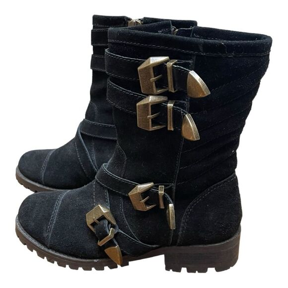 Shellys London Sz 7 Black Leather Suede Biker Moto Combat Boots Buckle Shoes - Picture 1 of 10